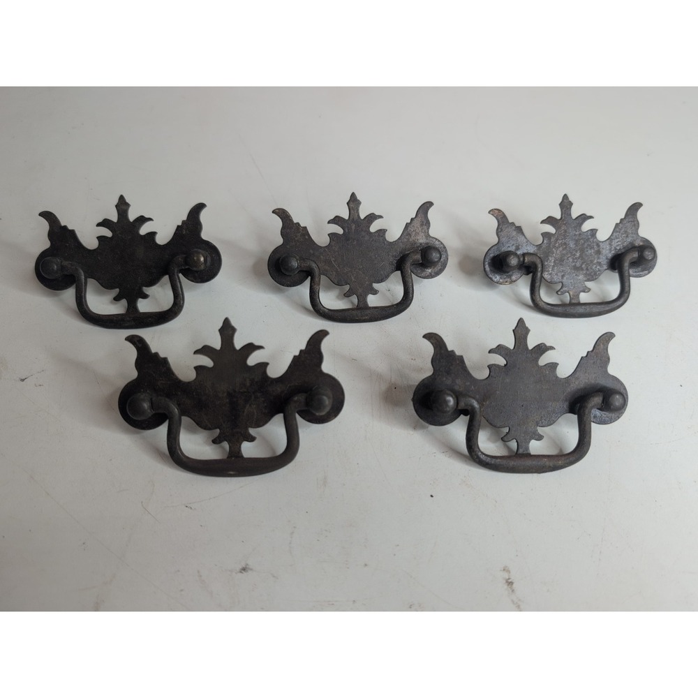Lot (5) Vtg 3.25 in Dark Bronze Steel Chippendale Drawer Pull Victorian Dresser